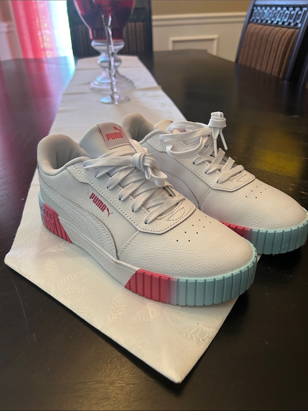 Puma White Sneakers with Pink & Mint Platform Accents